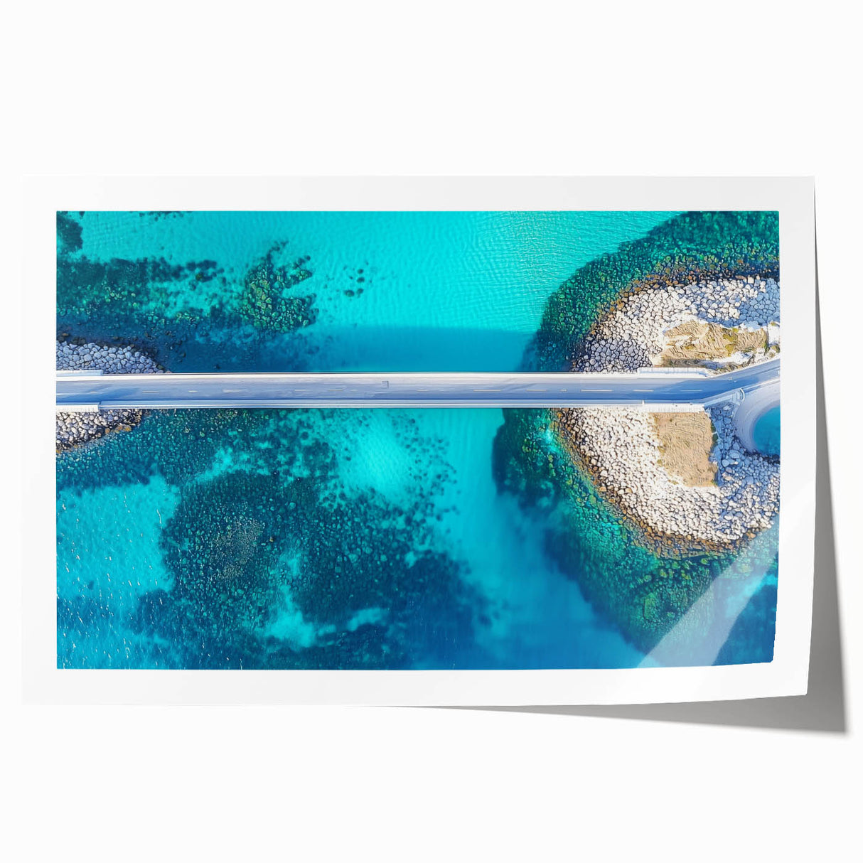 Rolled print showcasing a scenic landscape bridge design with vibrant colors and intricate details, perfect for home or office decor, packaged securely in a cardboard tube.