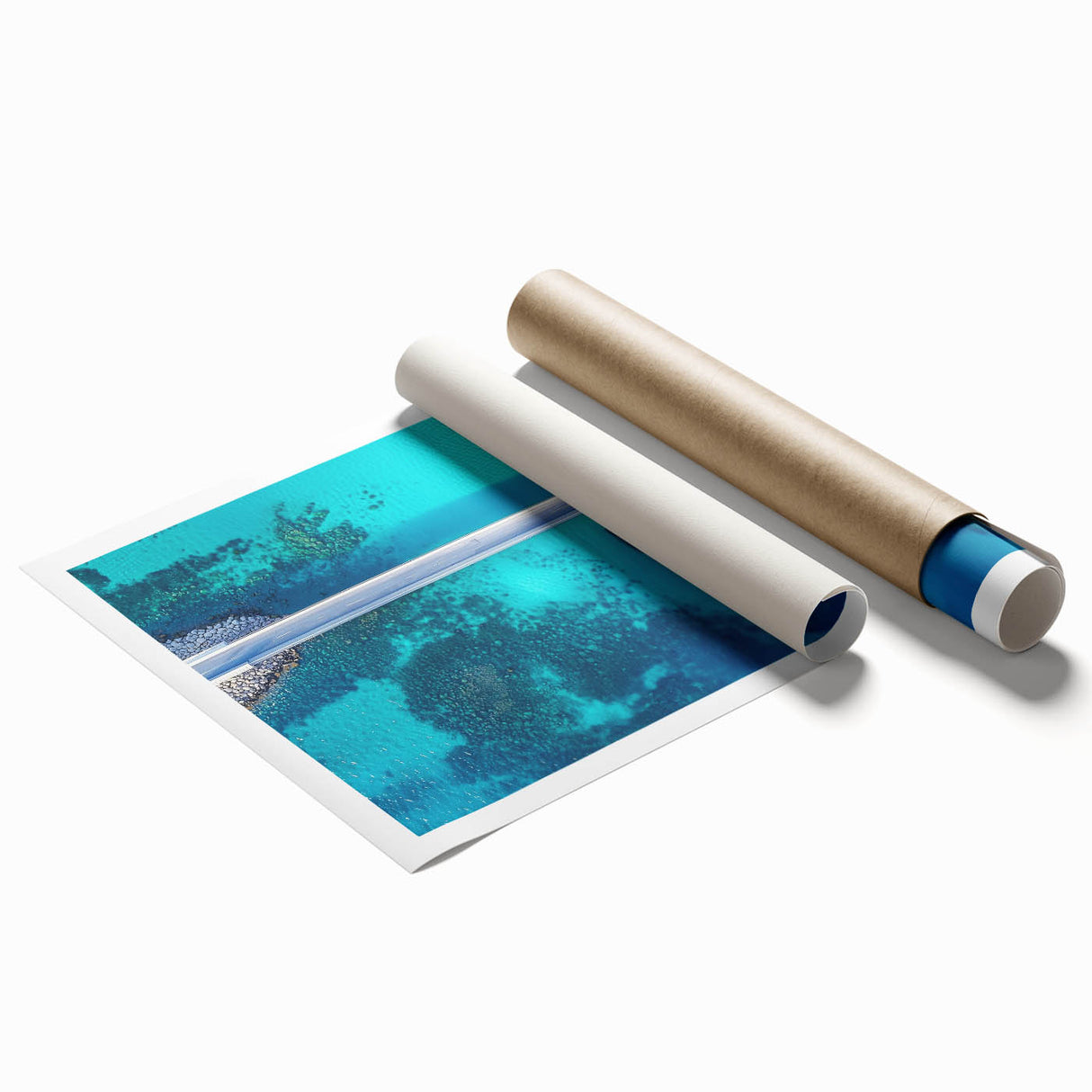 Rolled print showcasing a stunning landscape bridge design, featuring vibrant colors and intricate details, carefully packaged in a protective cardboard tube for shipping.