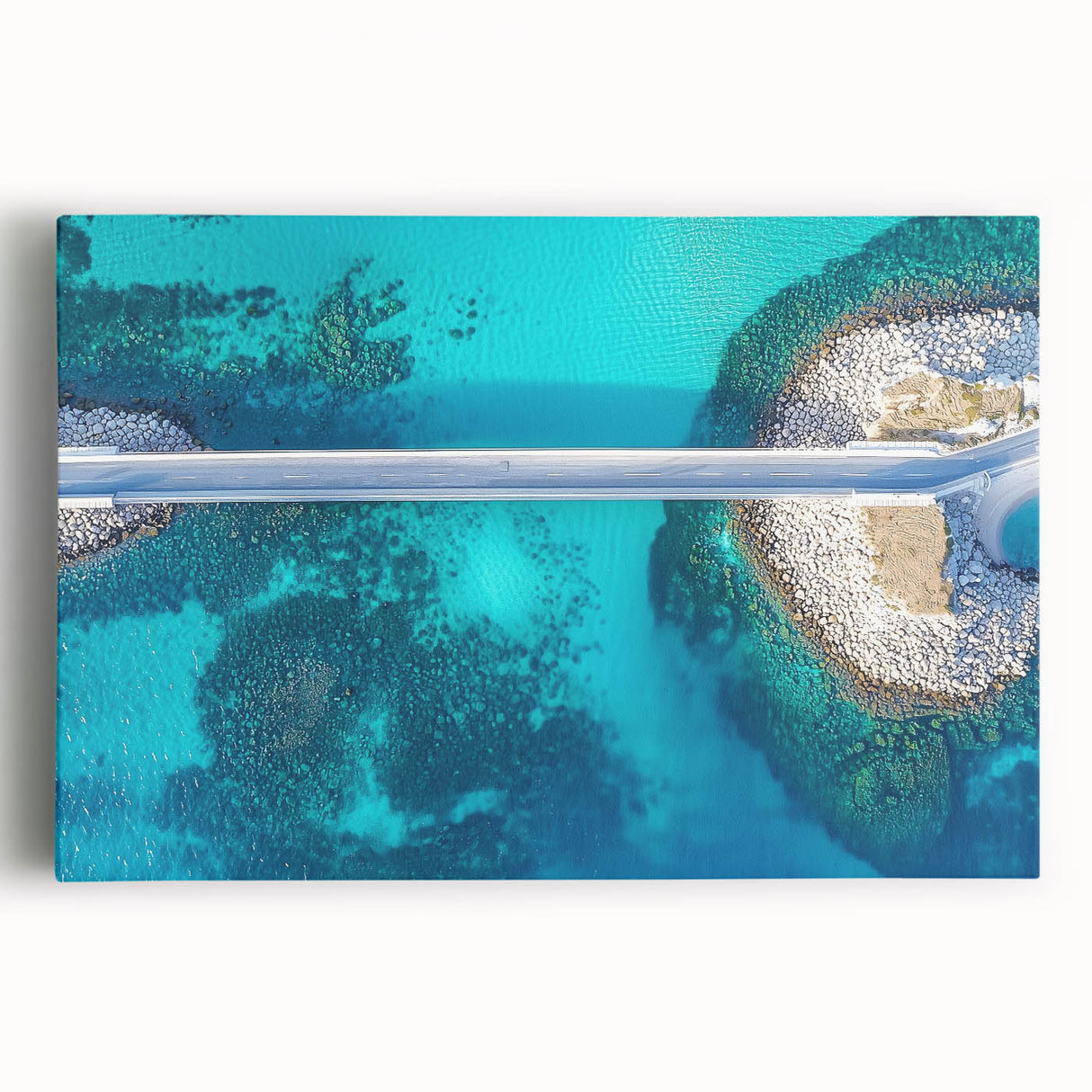 Stretched canvas artwork depicting a serene landscape bridge scene with vibrant colors, suitable for home decor, enhancing aesthetic appeal in living spaces.