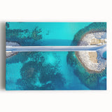 Stretched canvas artwork depicting a serene landscape bridge scene with vibrant colors, suitable for home decor, enhancing aesthetic appeal in living spaces.