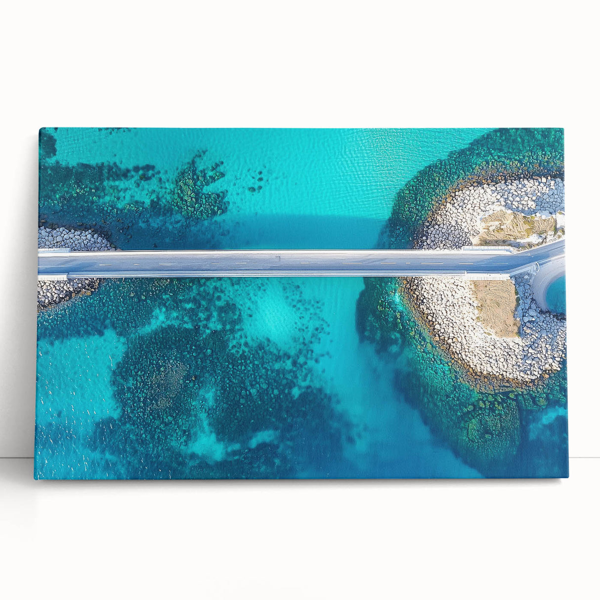 Landscape canvas artwork depicting a serene bridge over a tranquil river, showcasing vibrant colors and intricate details, perfect for home decor or office ambiance.