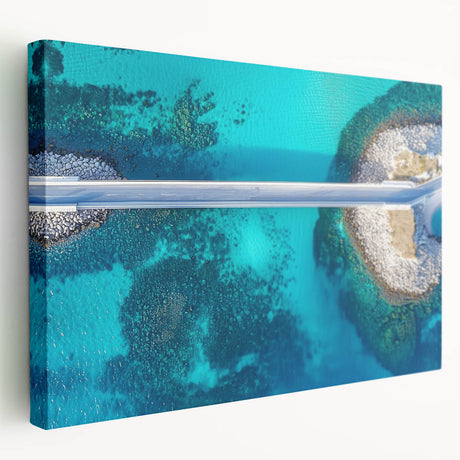 Landscape view of a stretched canvas artwork depicting a serene bridge surrounded by lush greenery, showcasing vibrant colors and intricate details, perfect for home decor.