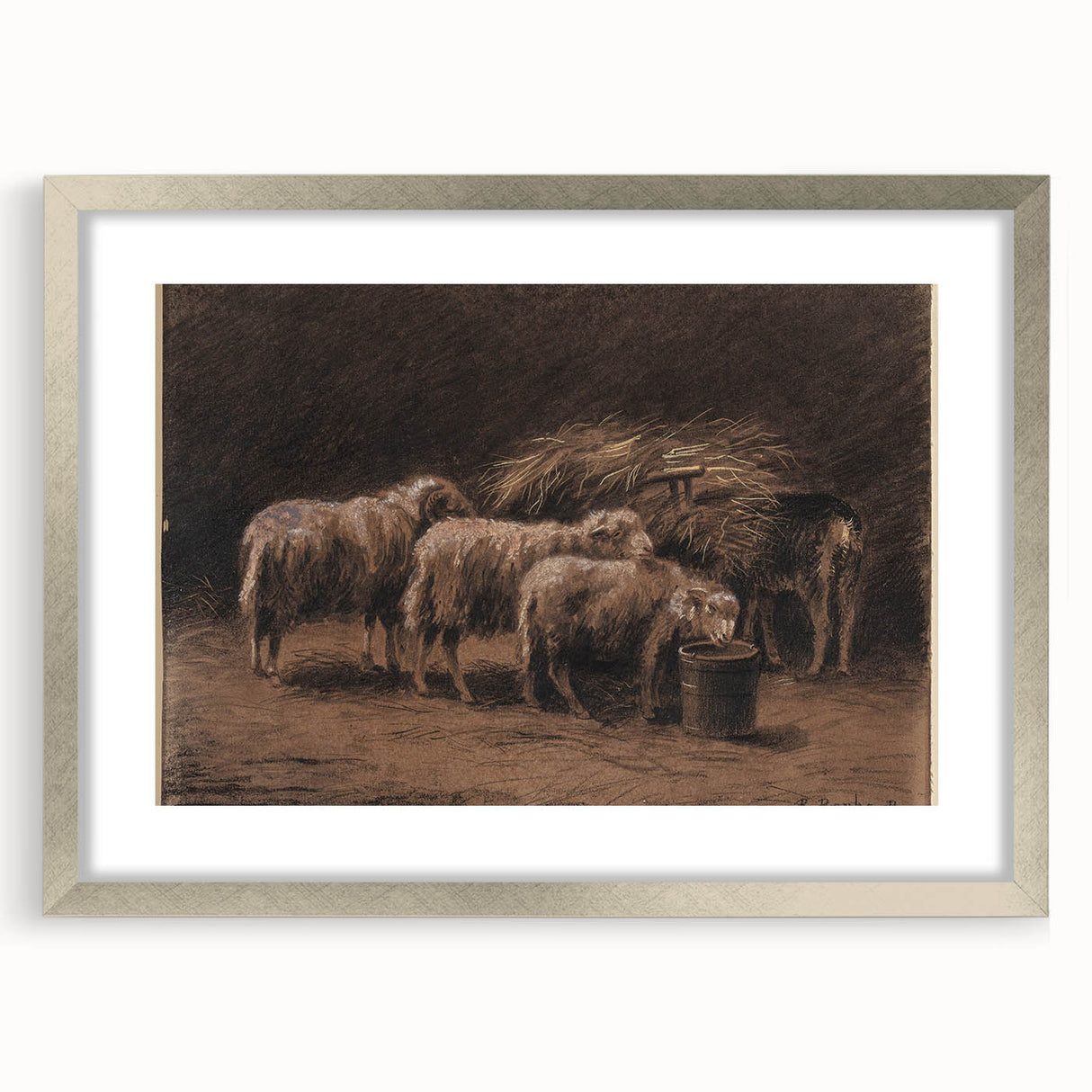 Realism Art Prints - Sheep in Stable by Rosa Bonheur Rustic Animal Art