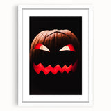 Abstract art print featuring autumnal shades and shapes on a white framed canvas, suitable for bedroom or dining room decor.