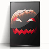 Large abstract wall art depicting autumnal trees in bold orange and red on a black framed acrylic print.