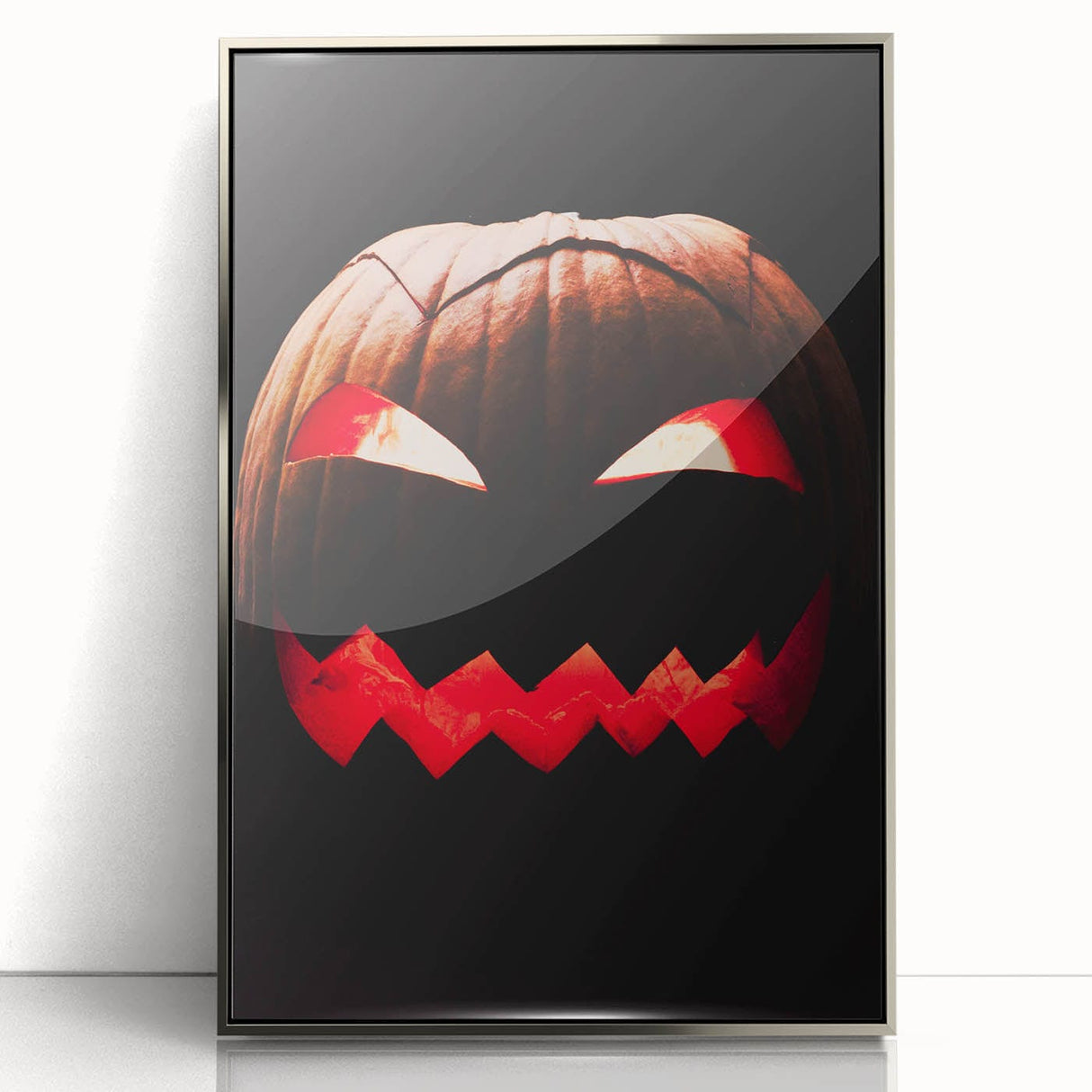Mid-century modernist art depicting autumn trees in orange and red tones on a framed acrylic.