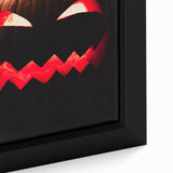 Close-up of extra large, textured black wall art featuring colorful autumn leaves, framed canvas.