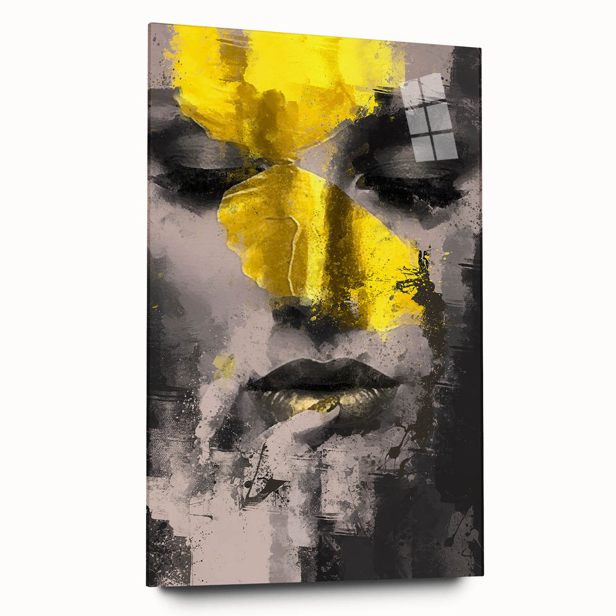 Abstract figurative acrylic artwork displayed in a glass frame, showcasing vibrant colors and fluid shapes, perfect for modern home decor or gallery settings.