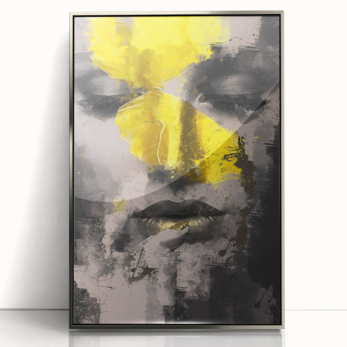 Framed abstract figurative artwork in silver acrylic, showcasing a modern design with fluid shapes and dynamic color contrasts, perfect for contemporary decor.