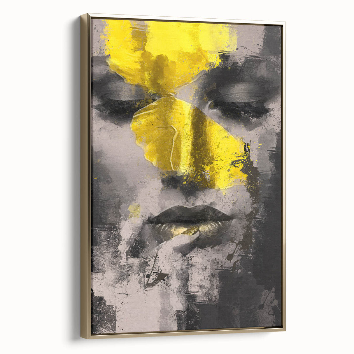 Abstract figurative framed canvas artwork featuring a gold-tone accent, showcasing a contemporary design ideal for modern home decor. Perfect for adding elegance and sophistication to any living space.