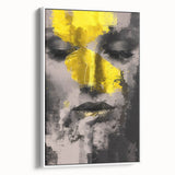 Abstract figurative art print in a white frame, showcasing a vibrant blend of colors and dynamic shapes, ideal for modern home decor or office spaces.