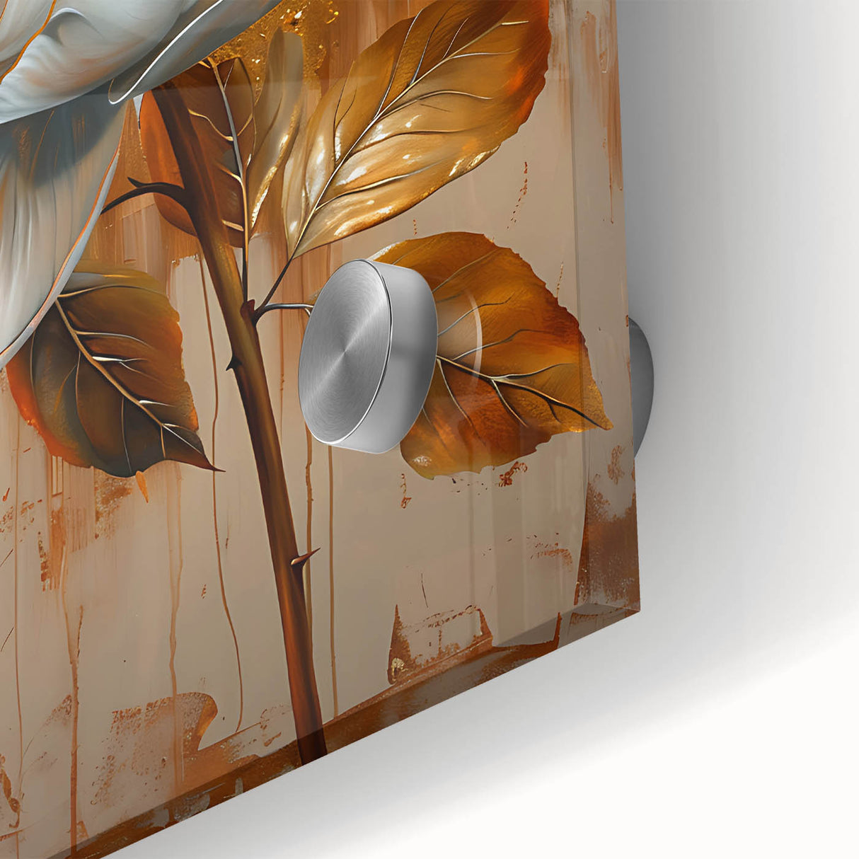 Close-up of abstract floral wall art design on acrylic glass, showcasing vibrant colors and intricate details, perfect for modern home decor.