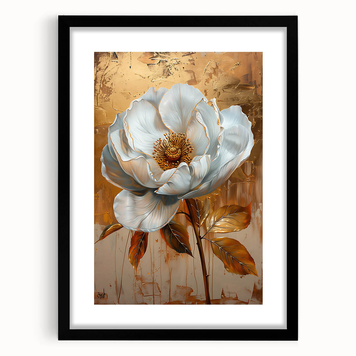 Abstract floral wall art framed in black with a white mat, showcasing vibrant colors and intricate details, perfect for modern home decor.