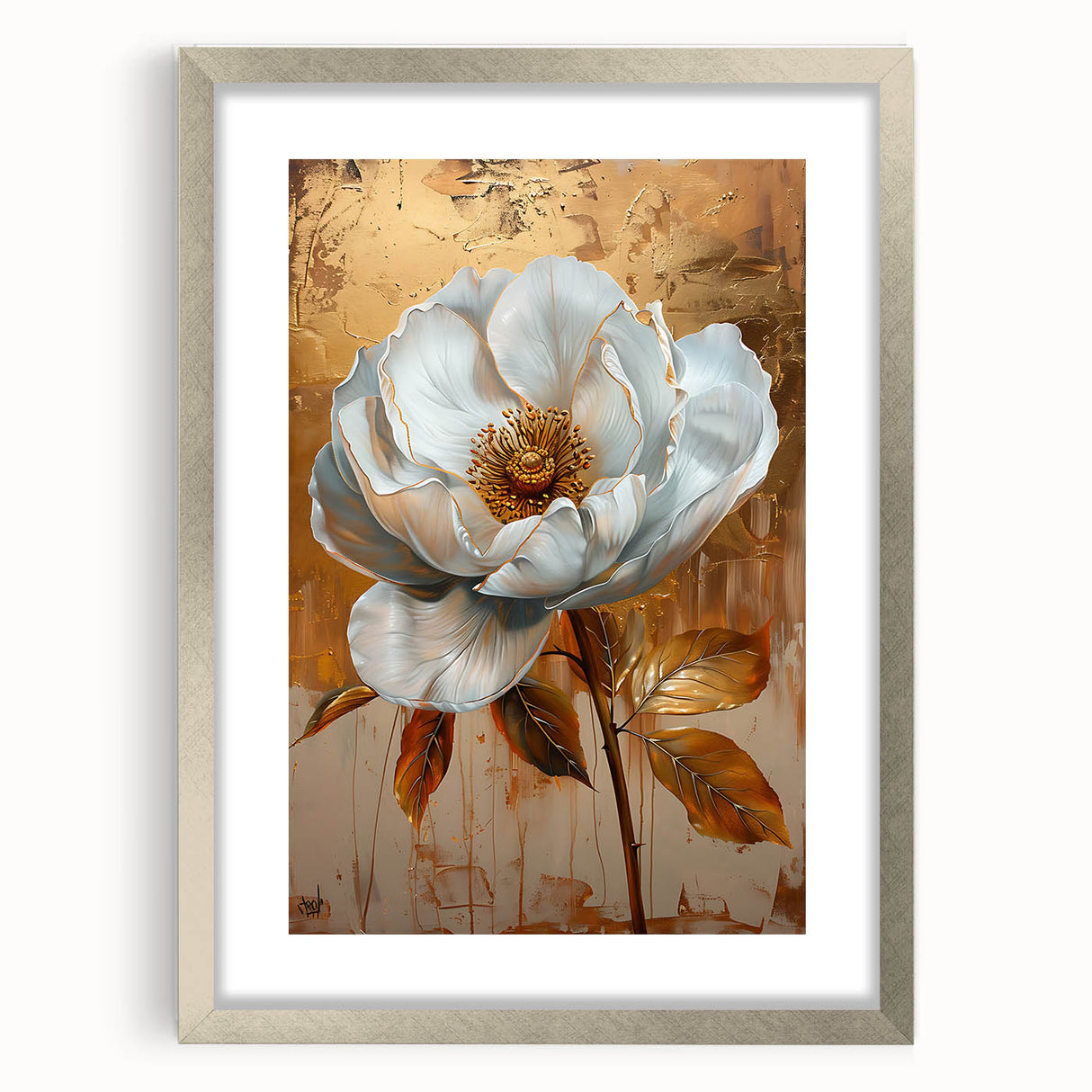 Abstract floral wall art framed with a silver mat, showcasing vibrant colors and intricate designs, perfect for enhancing modern home decor.