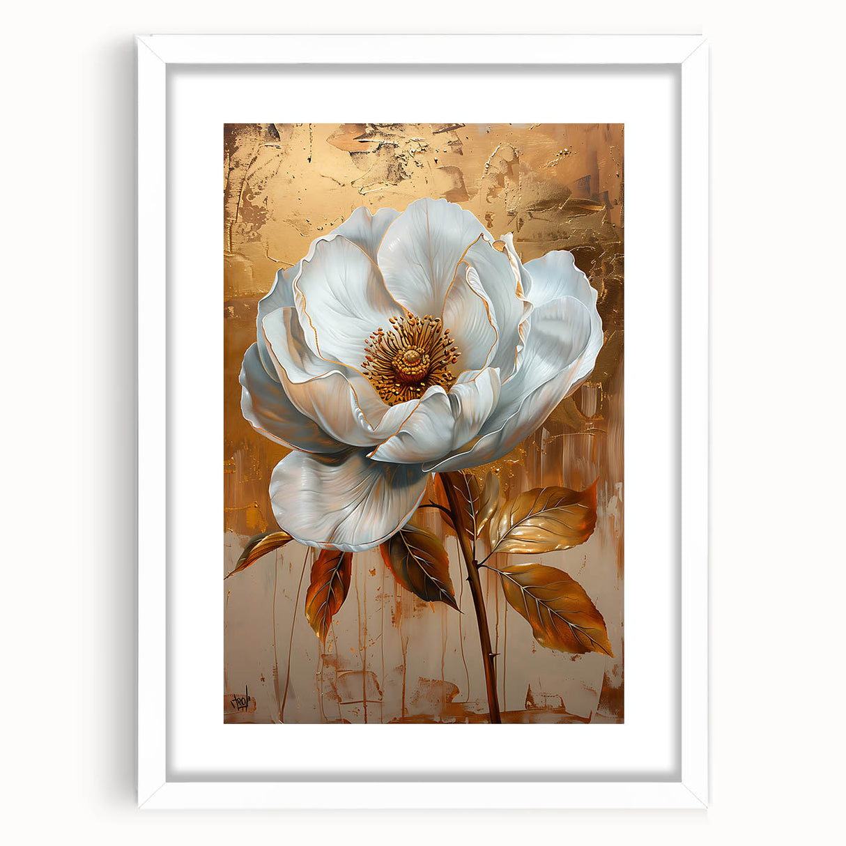 Abstract floral wall art framed in white with a mat, showcasing vibrant colors and intricate designs, perfect for modern home decor and artistic ambiance.