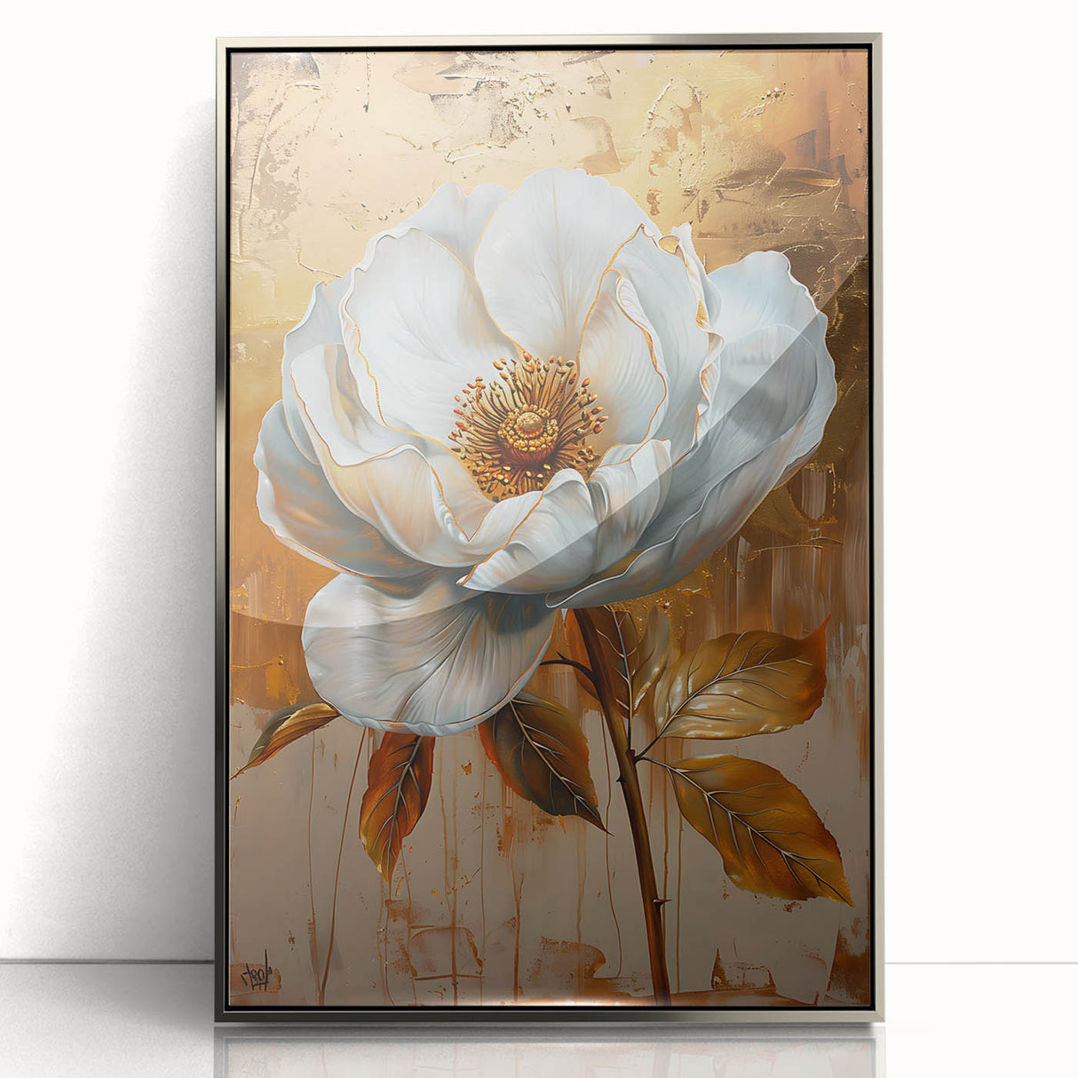 Framed abstract floral wall art in silver acrylic showcases vibrant colors and intricate designs, perfect for modern home decor or office aesthetics.