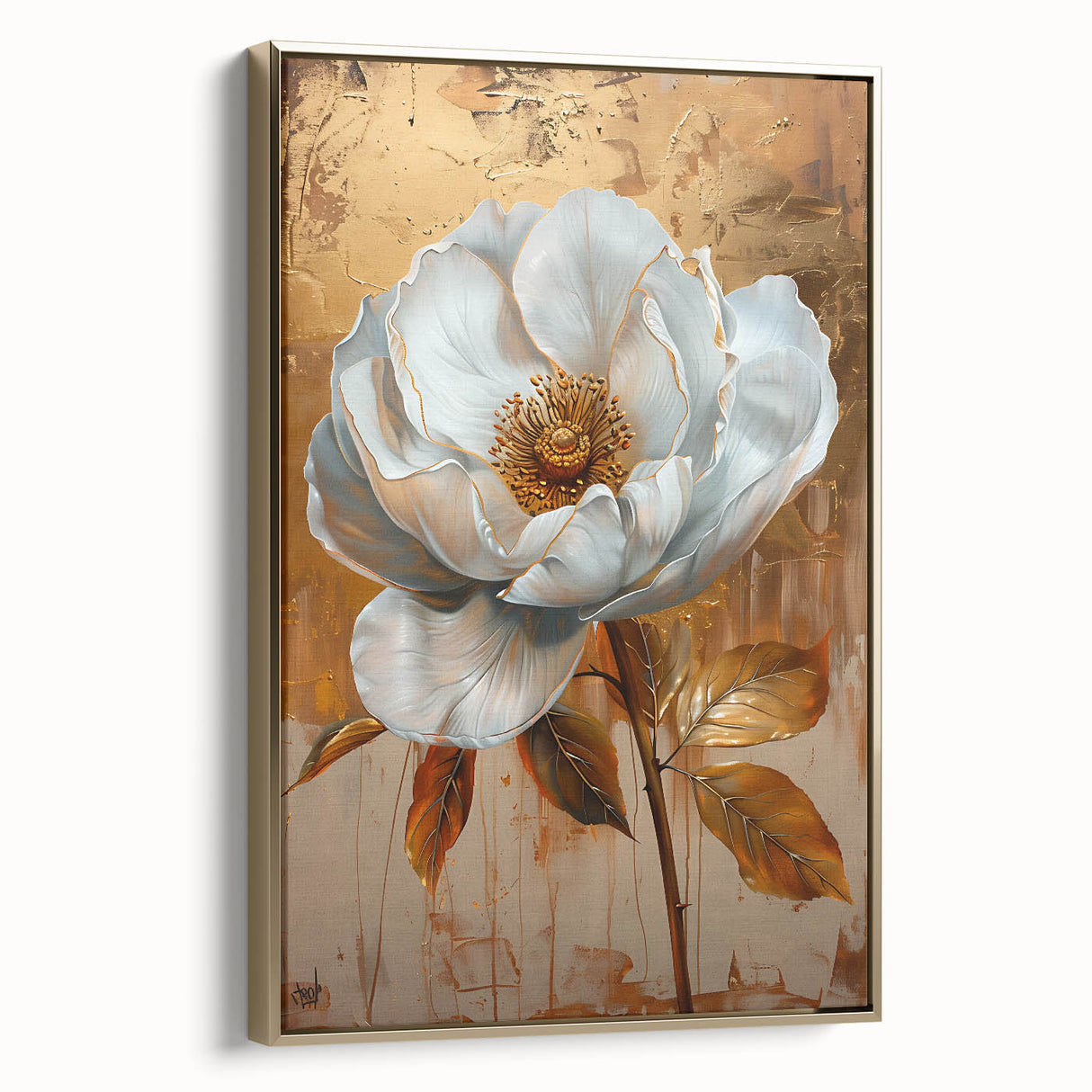Framed abstract floral wall art in gold tones, showcasing intricate designs and textures, ideal for modern home decor. Side view emphasizes elegant framing and artistic detail.