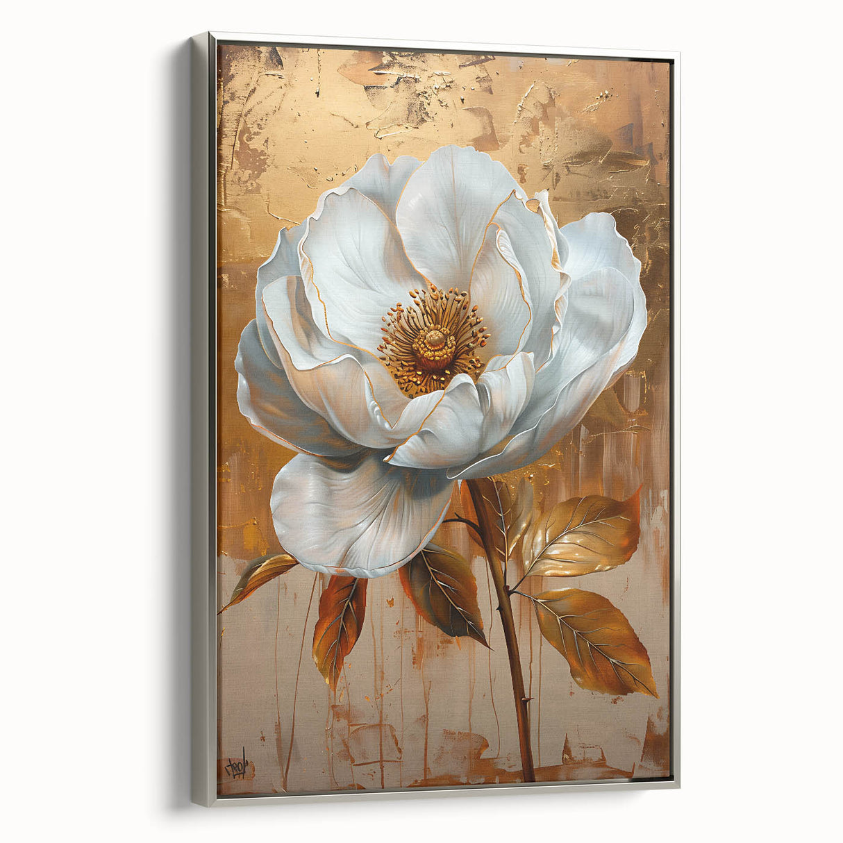 Framed canvas wall art showcasing an abstract floral design in soft pastel colors, displayed with a sleek silver frame, ideal for modern home decor.
