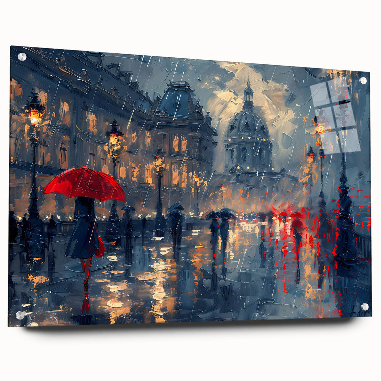 Abstract landscape wall art displayed in a contemporary setting, showcasing vibrant colors and intricate details. The acrylic glass framing enhances the artwork's depth, while the visible pins add a modern touch, perfect for stylish home decor.
