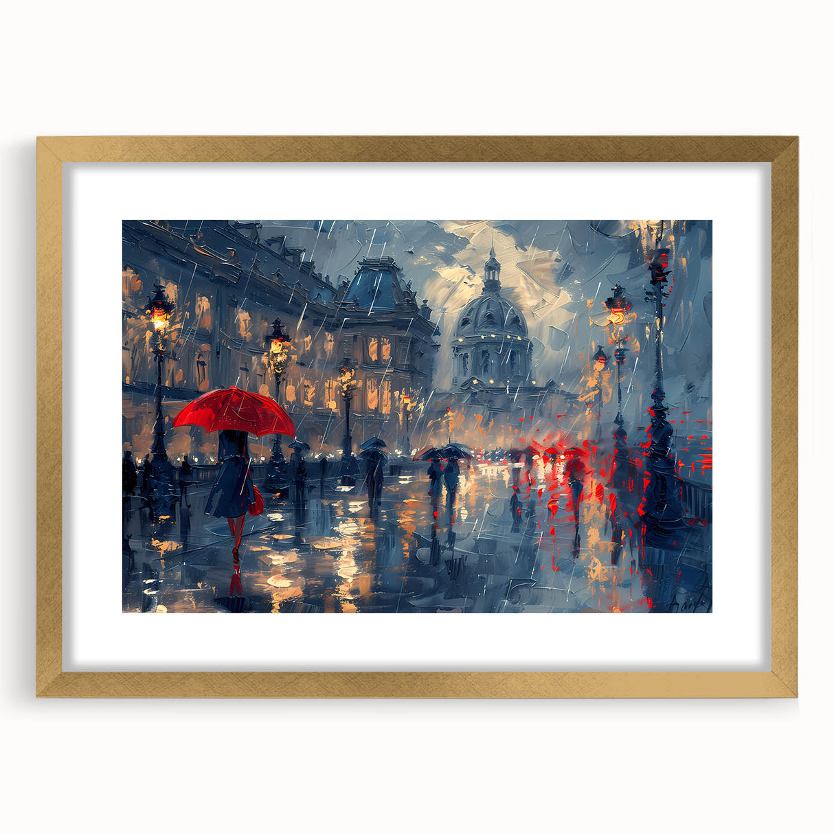 Abstract landscape wall art framed in gold with a mat, showcasing vibrant colors and unique patterns, perfect for modern home decor.