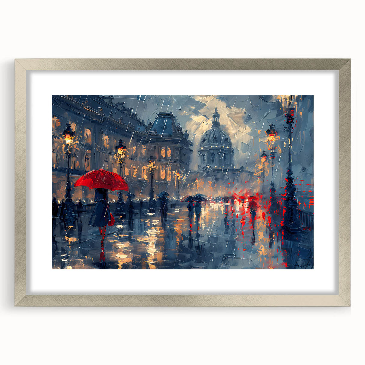 Abstract landscape wall art framed in silver with a mat, showcasing vibrant colors and intricate textures, perfect for modern home decor accents.