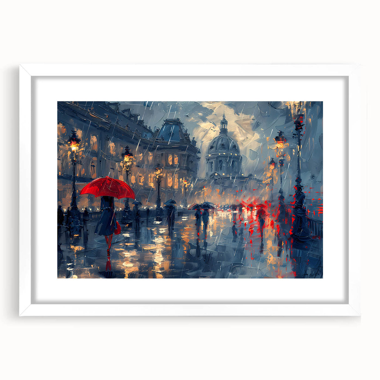 Abstract landscape wall art framed with a white mat, showcasing a blend of soft earth tones and vibrant hues, perfect for modern home decor.