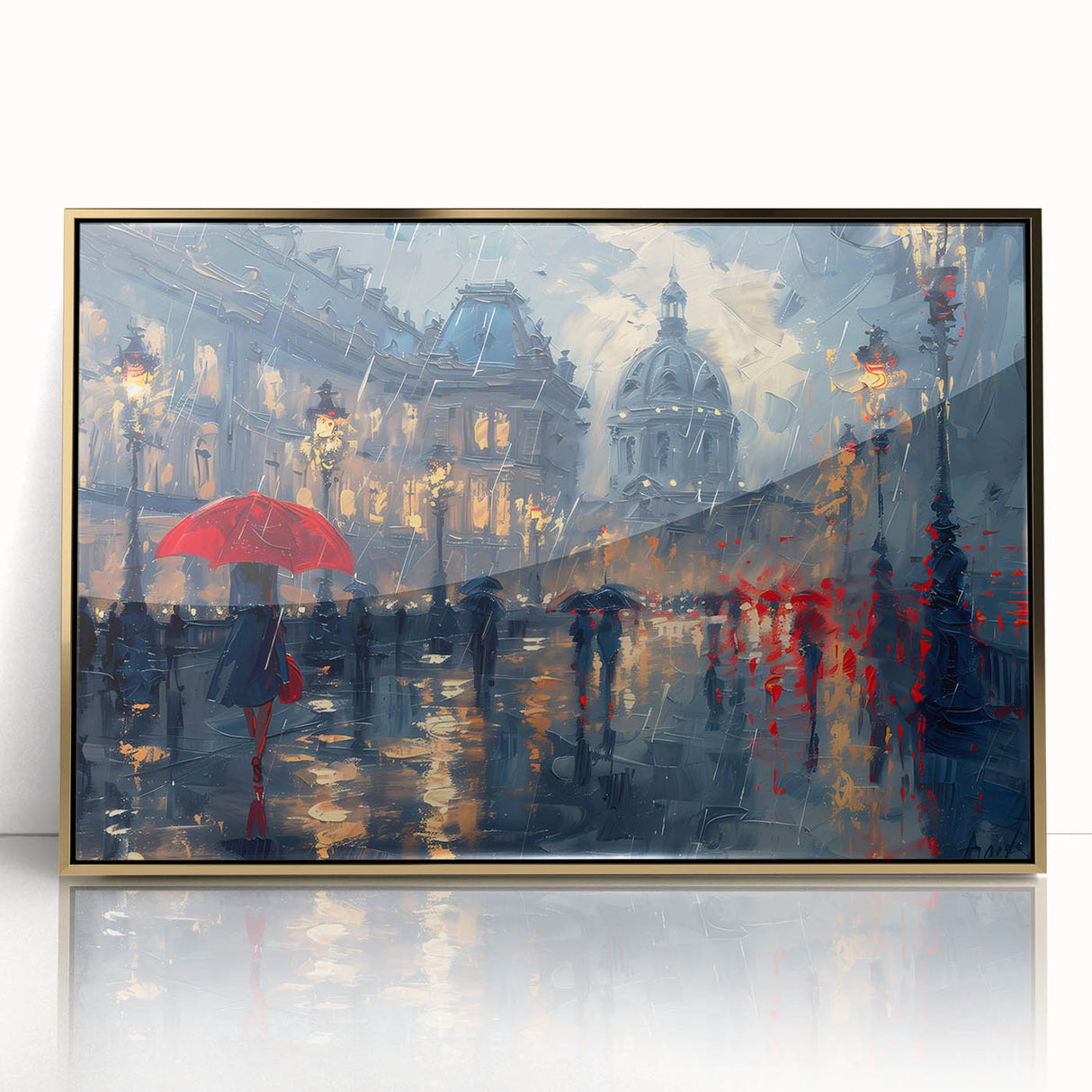 Framed abstract landscape wall art featuring vibrant gold accents, showcasing a serene nature scene with gentle curves and soft hues, perfect for modern decor.