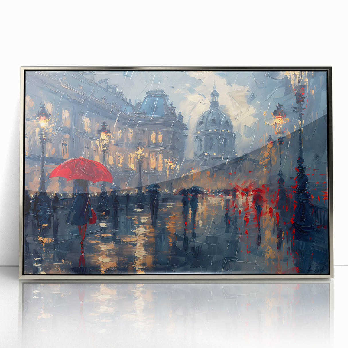 Framed abstract landscape wall art featuring a silver-accented design, ideal for modern home decor. The piece showcases vibrant colors and fluid shapes, enhancing any interior space.
