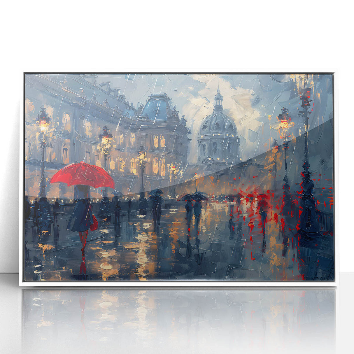 Framed acrylic wall art showcasing an abstract landscape design with soft hues of blue and white, perfect for modern home decor. This elegant piece adds a serene touch to any room, enhancing aesthetic appeal while complementing various interior styles.