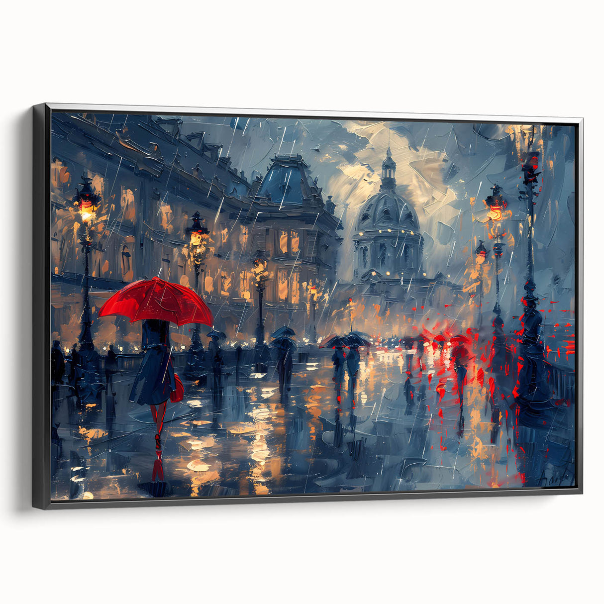 Framed abstract landscape wall art featuring earthy tones and dynamic shapes, showcasing a black frame and side view, perfect for modern home decor.