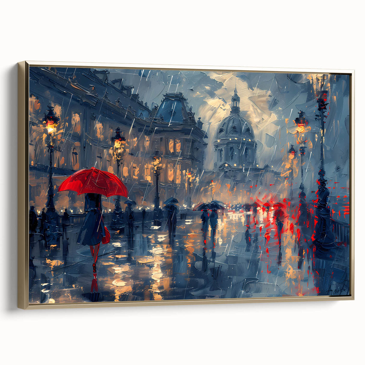 Framed abstract landscape wall art with gold accents, showcasing a modern design that enhances interior decor. Perfect for living rooms or offices.
