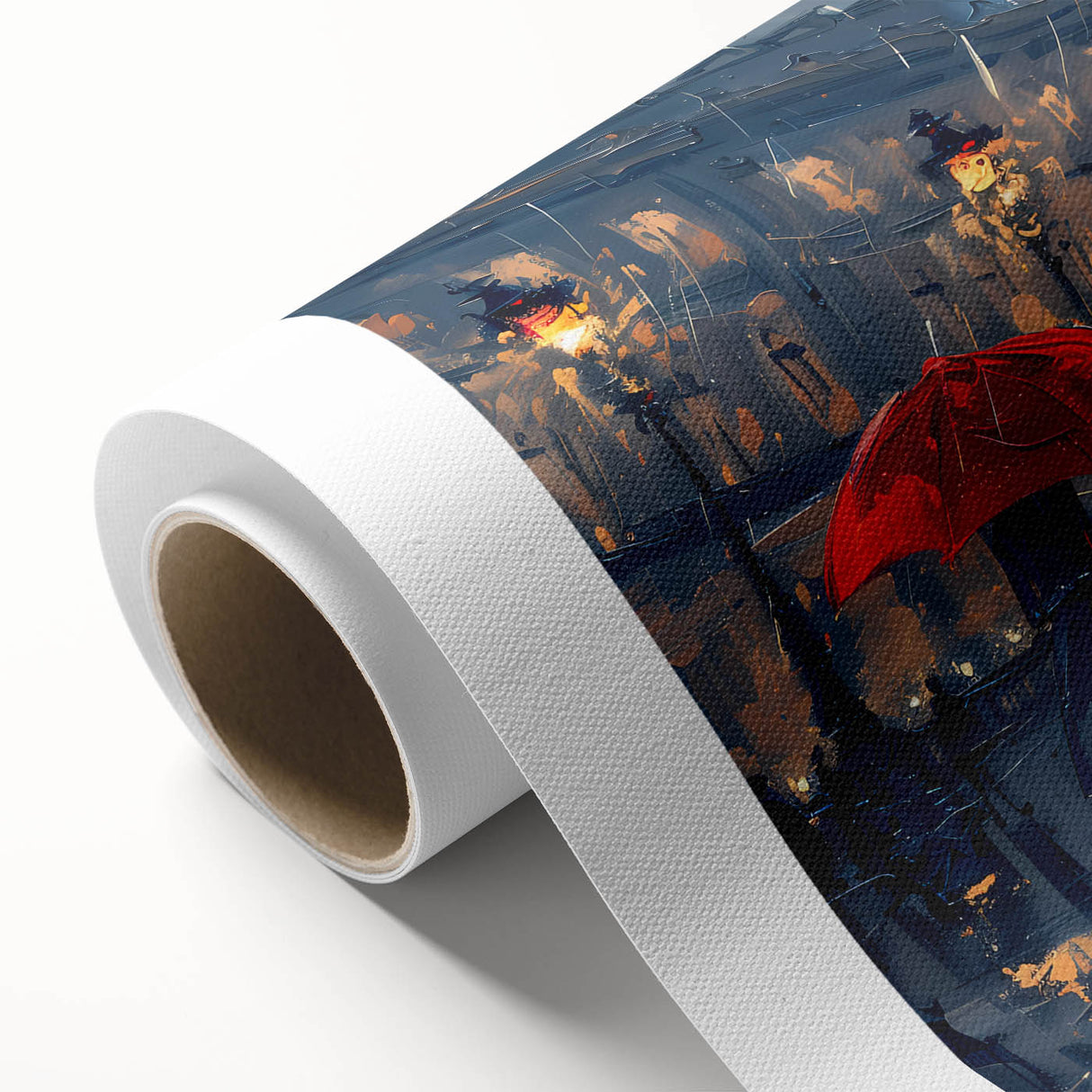 Abstract landscape wall art printed on rolled canvas, showcasing vibrant colors and fluid forms, perfect for modern home decor. Packaged securely in a cardboard tube.