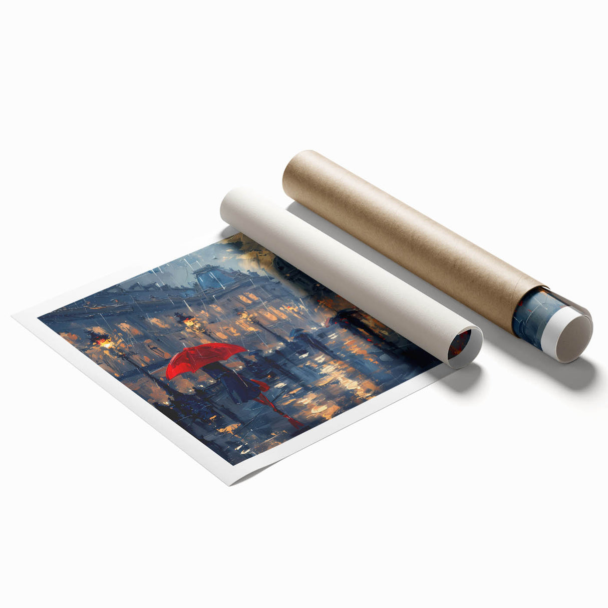 Abstract landscape wall art print showcasing vibrant hues of blue, green, and orange, evoking a serene natural scene, rolled and ready for framing or display.