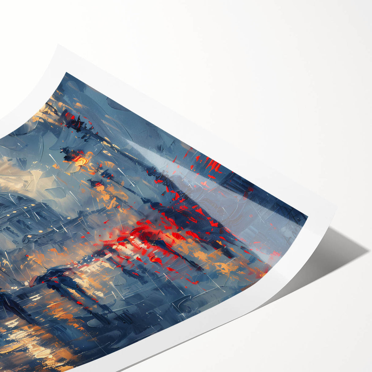 Abstract landscape wall art print showcasing vibrant blues and earthy tones, rolled for easy shipping and display in home decor. Ideal for modern interiors.