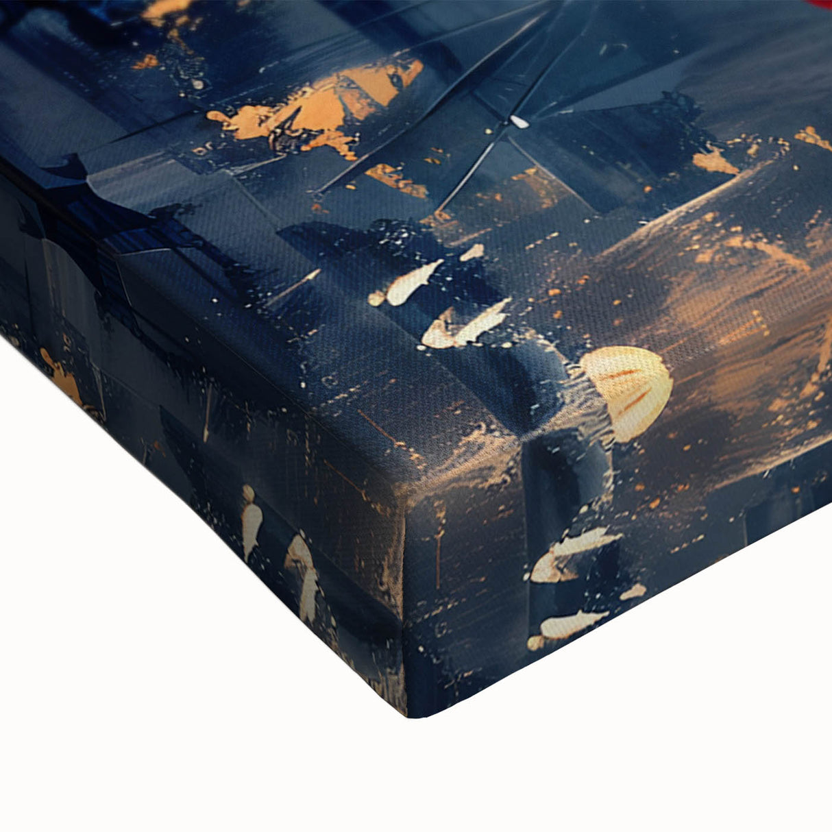 Close-up of an abstract landscape wall art piece on stretched canvas, showcasing vibrant colors and intricate textures, ideal for modern home decor.