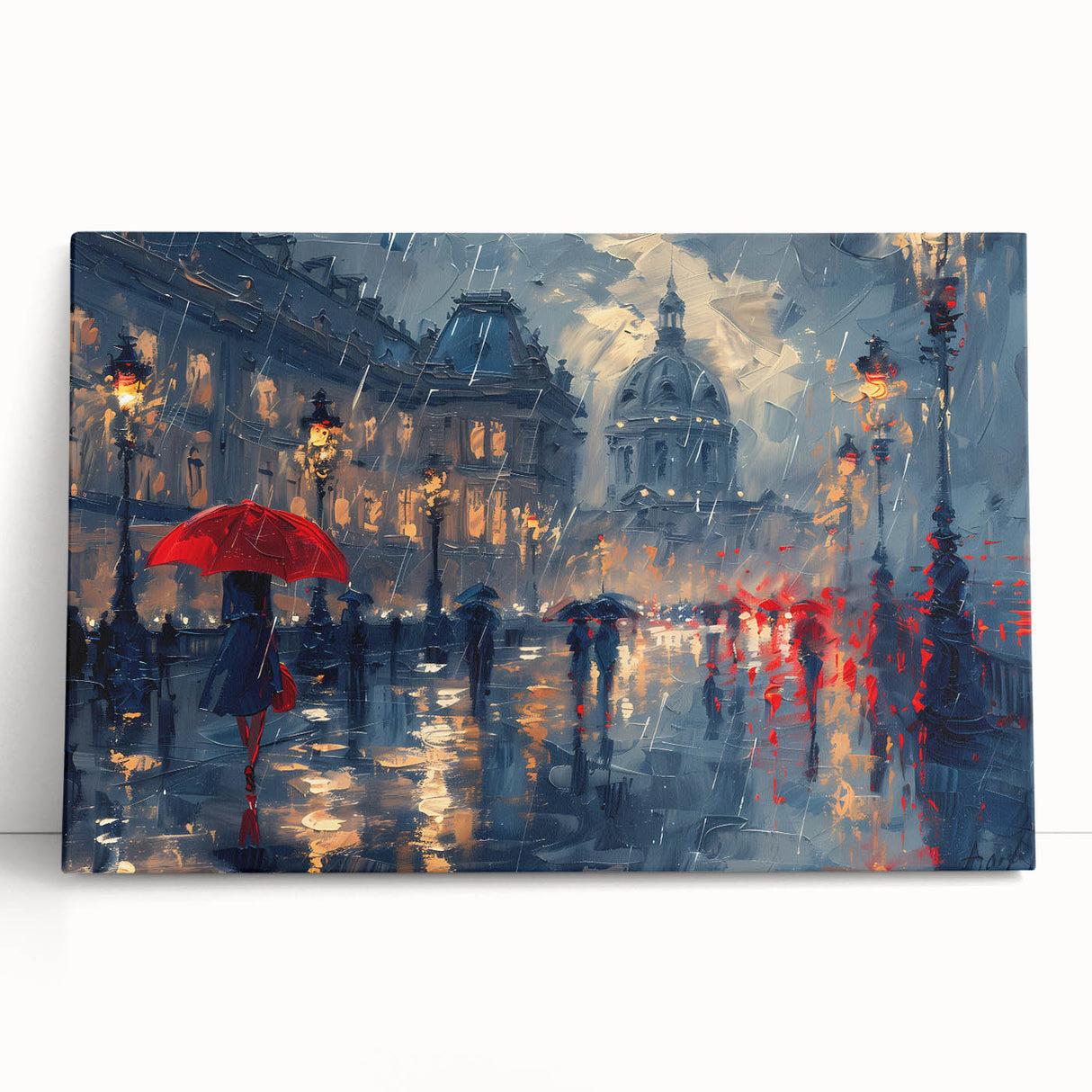 Abstract landscape wall art print on stretched canvas, featuring vibrant colors and unique textures, leaning against a neutral wall, perfect for modern decor.