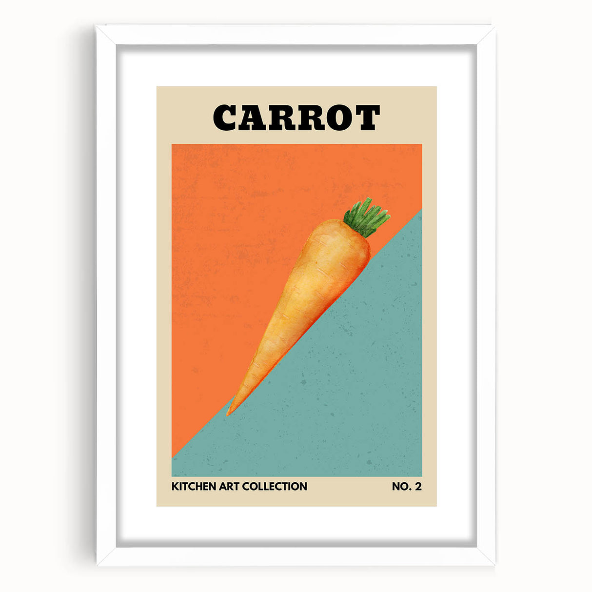 Abstract art print featuring assorted fruits in vivid colors on a white framed mat, ideal for dining room decor.