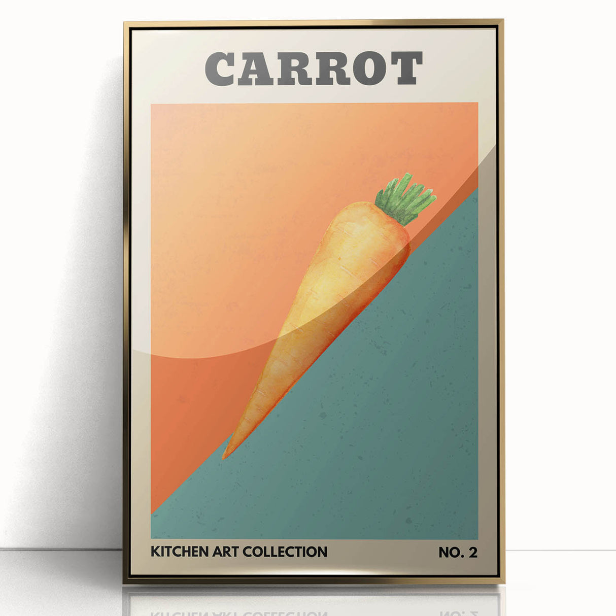 Large art print of assorted fruits in vibrant colors, framed in gold acrylic, styled in mid-century modernist design.