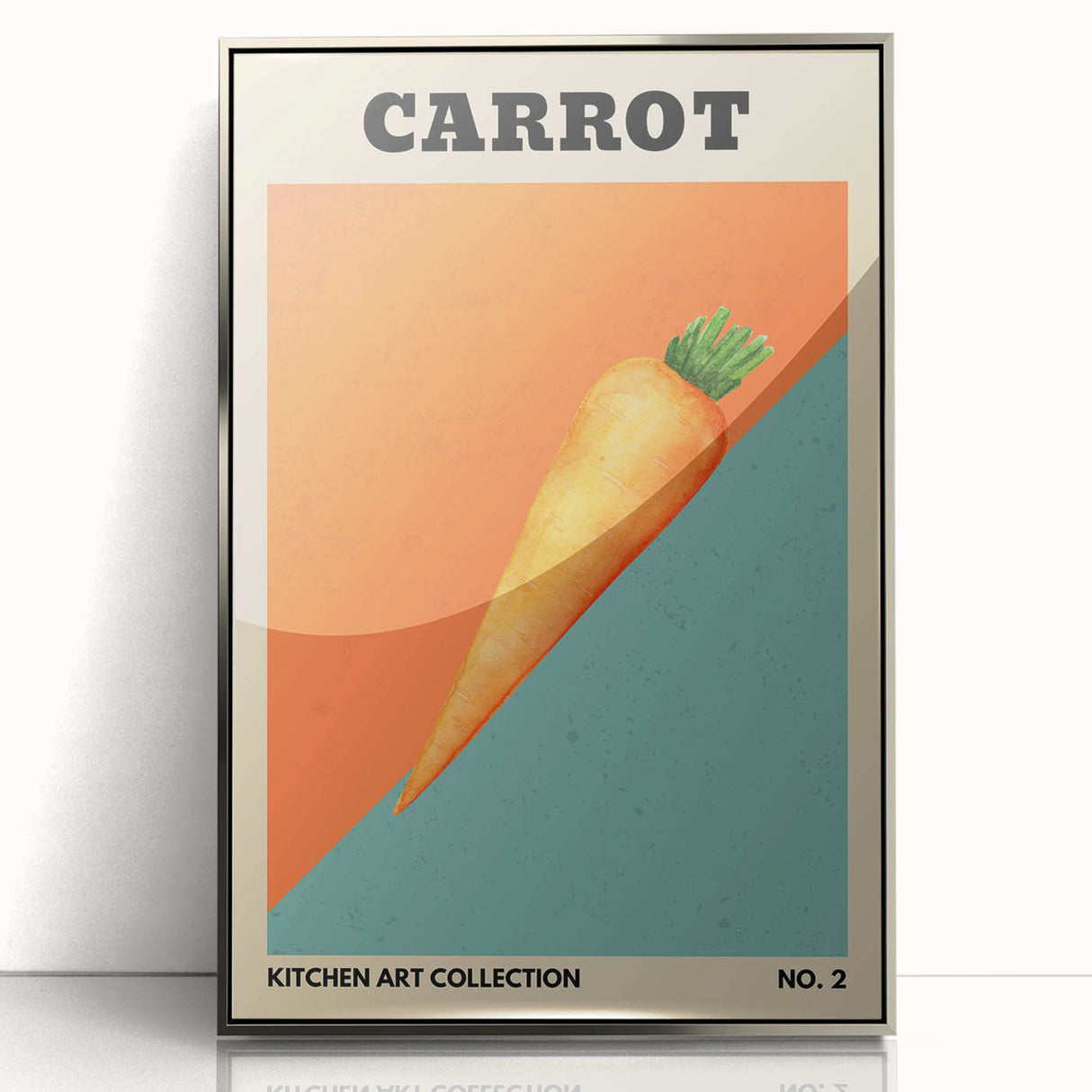 Mid-century modernist art featuring an array of fruits in vibrant colors on a silver-framed acrylic print.