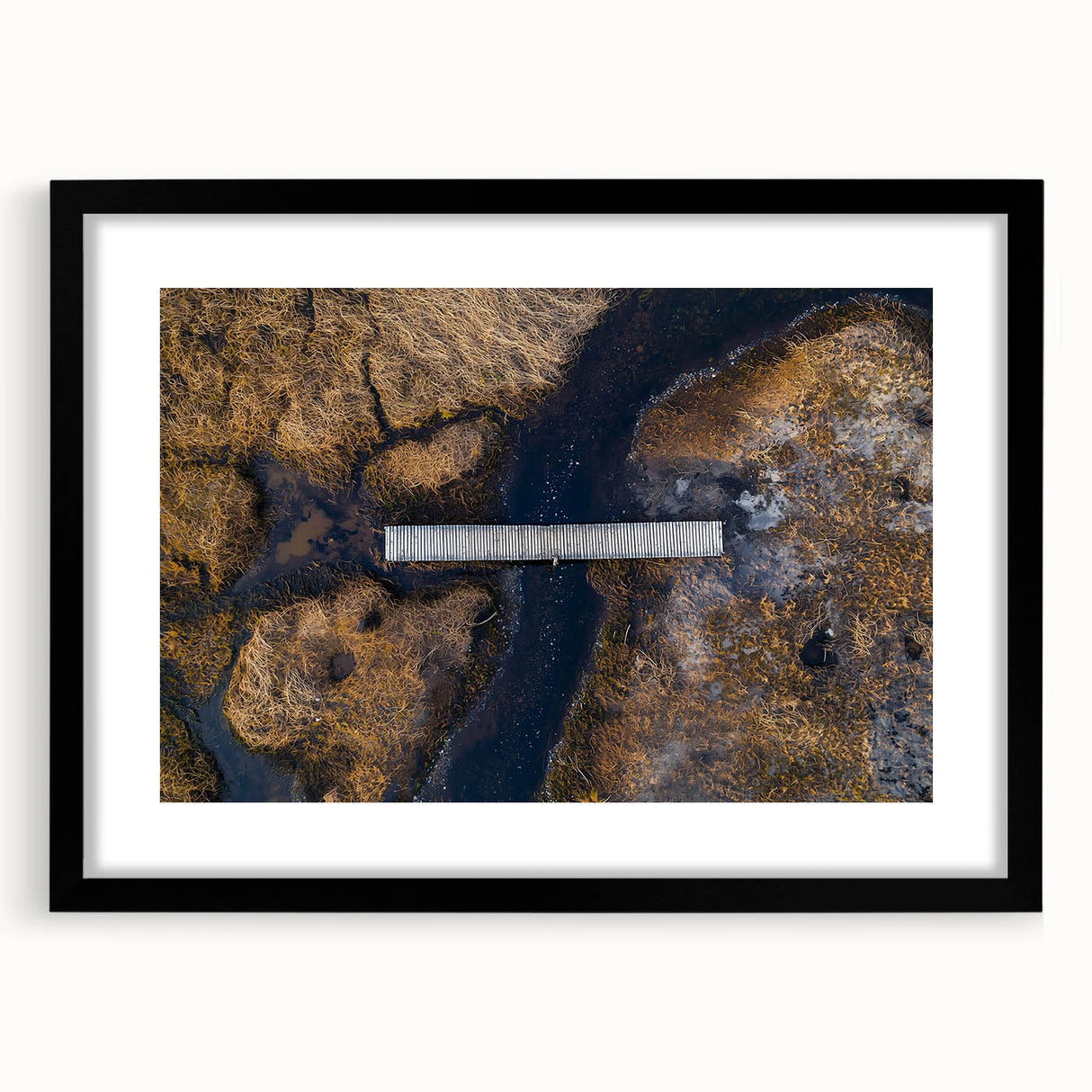 Black landscape bridge frame with mat, showcasing a modern design, ideal for displaying artwork or photographs. Perfect for home decor enhancement.