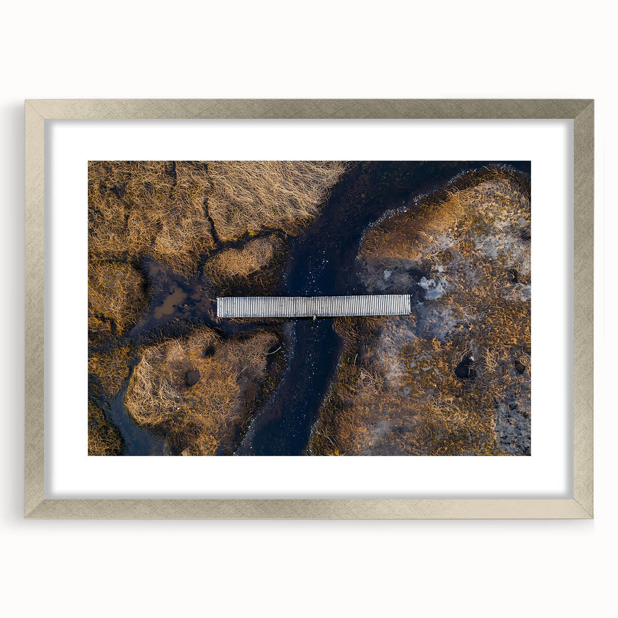 Silver landscape bridge frame with a white mat, showcasing a modern art piece, perfect for home decor or gallery display. The sleek design enhances any interior setting.
