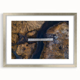 Silver landscape bridge frame with a white mat, showcasing a modern art piece, perfect for home decor or gallery display. The sleek design enhances any interior setting.