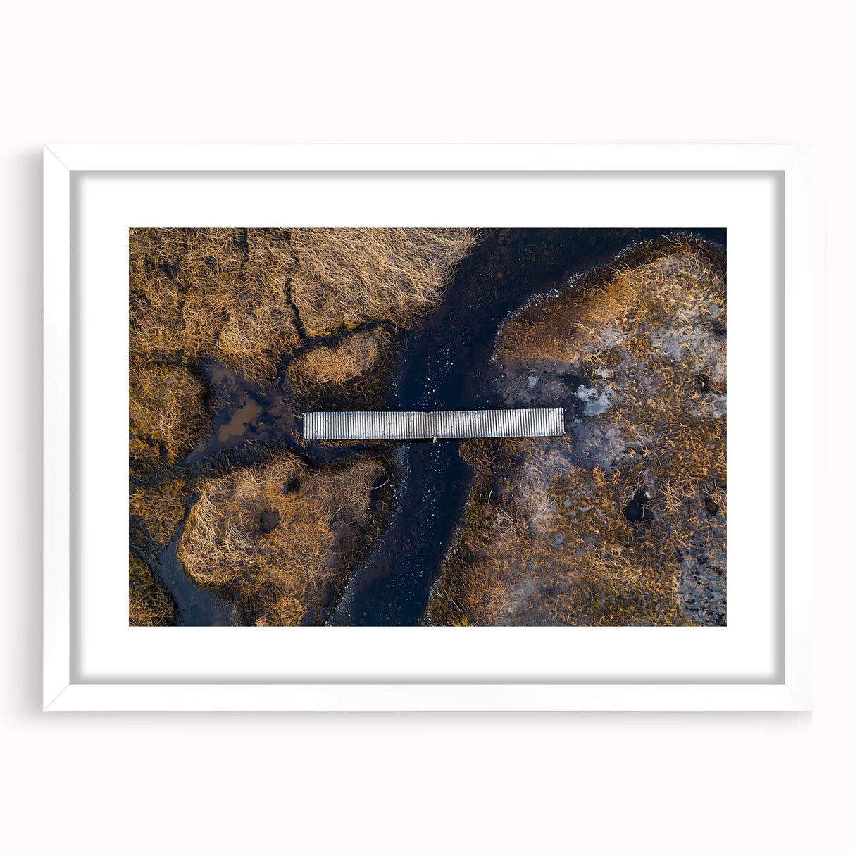 Landscape bridge frame with a white mat, showcasing a modern design, perfect for displaying artwork or photos. Ideal for home decor or gallery settings.