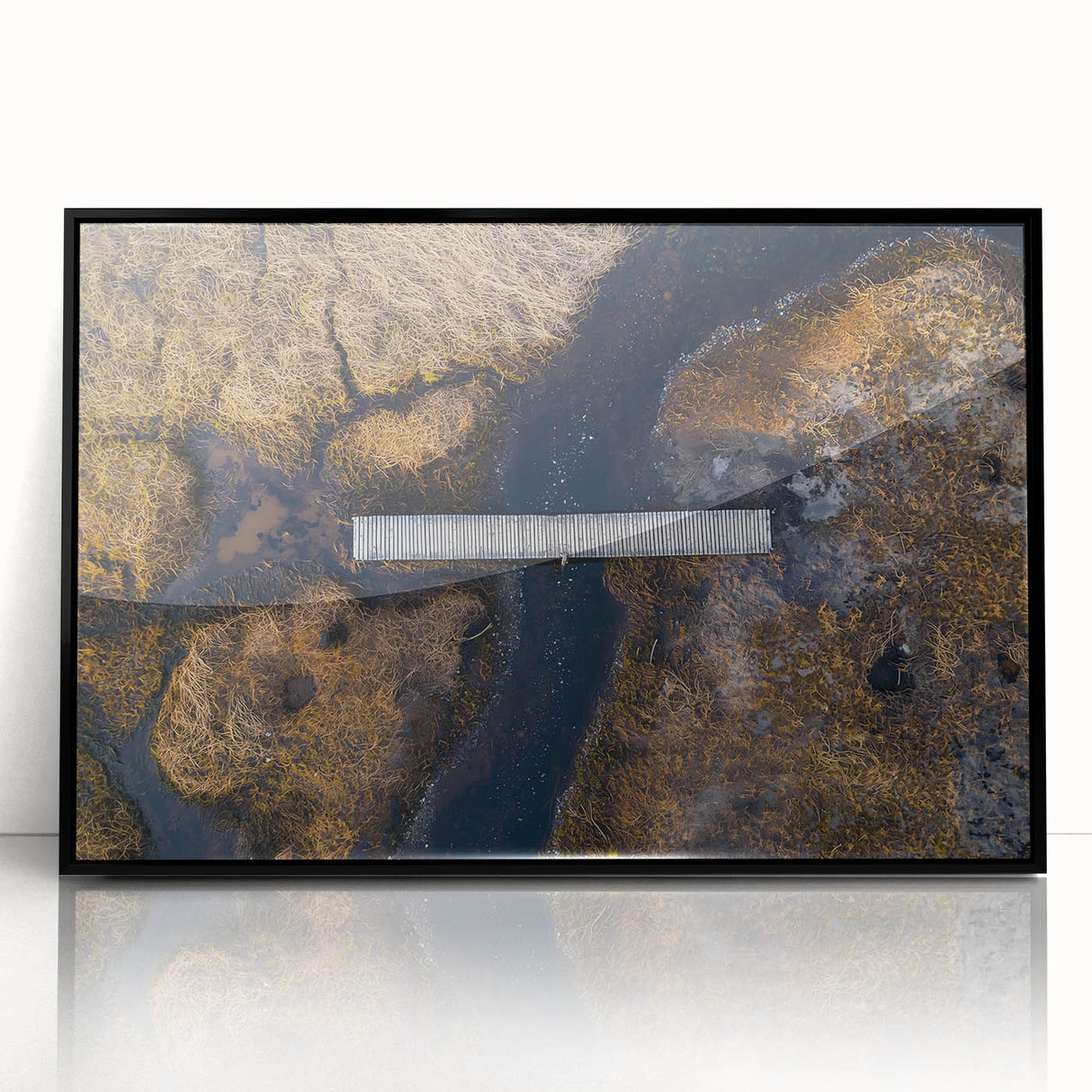 Framed acrylic artwork of a landscape bridge in black, showcasing intricate details and a modern aesthetic, perfect for home decor enhancement.