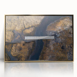 Framed acrylic artwork showcasing a vibrant landscape bridge design with gold accents, ideal for modern decor. Perfect for adding elegance to any room.