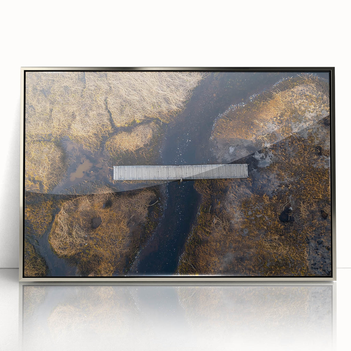 Framed acrylic artwork depicting a serene landscape bridge scene, featuring vibrant colors and intricate details, ideal for enhancing home decor in modern settings.