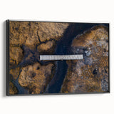 Landscape canvas artwork depicting a black-framed bridge in a serene natural setting, showcasing intricate details and vibrant colors, perfect for home decor.