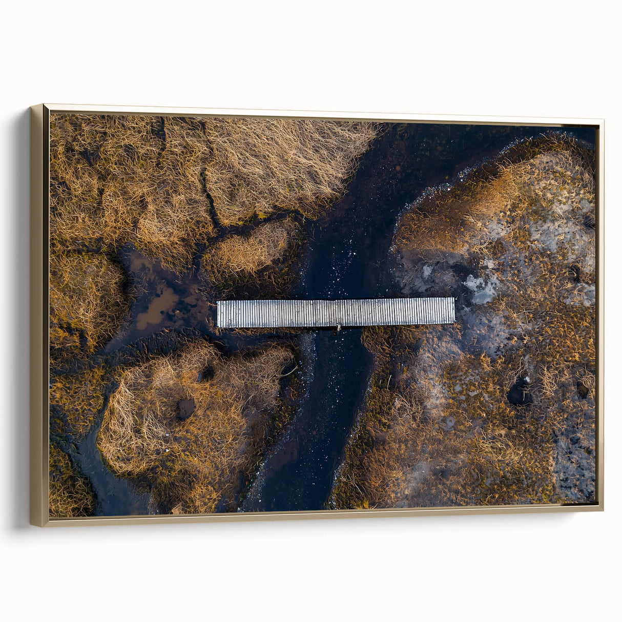Framed landscape canvas artwork showcasing a majestic bridge with a golden frame, highlighting intricate details and vibrant colors, perfect for home decor.