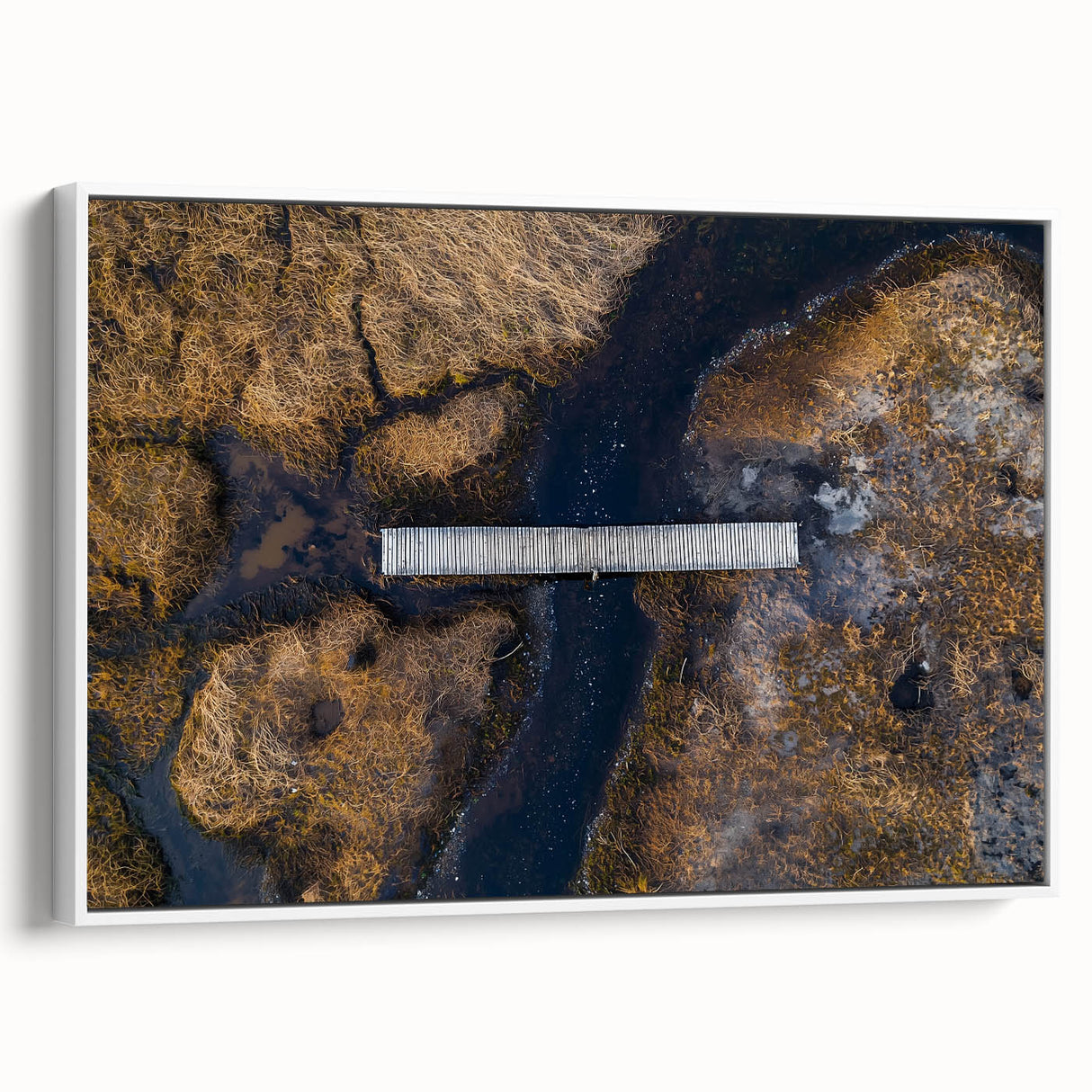 Framed canvas artwork showcasing a serene landscape bridge scene, featuring vibrant colors and intricate details, perfect for enhancing home decor aesthetics.