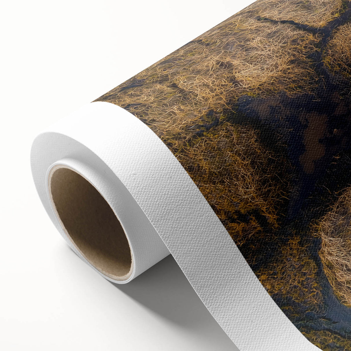 Rolled canvas showcasing a vibrant landscape bridge design with intricate details, wrapped securely in a durable cardboard tube for safe transportation and display.